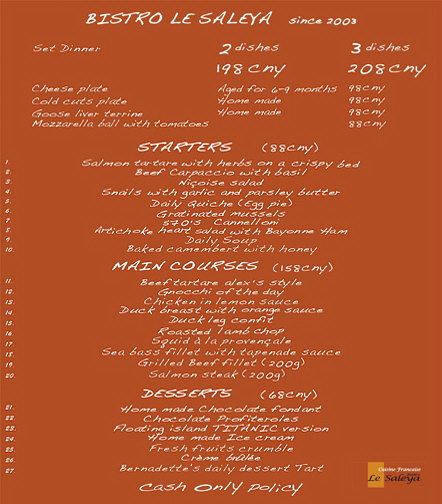 Menu of Bistro Le Saleya