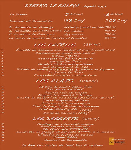 Menu of Bistro Le Saleya